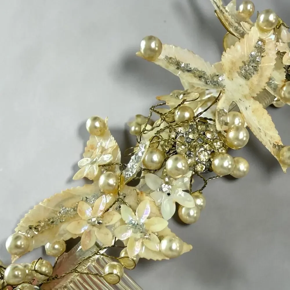Mid Century Crown Tiara Shell Pearl Floral Headpiece Vintage Wedding MCM Prom
